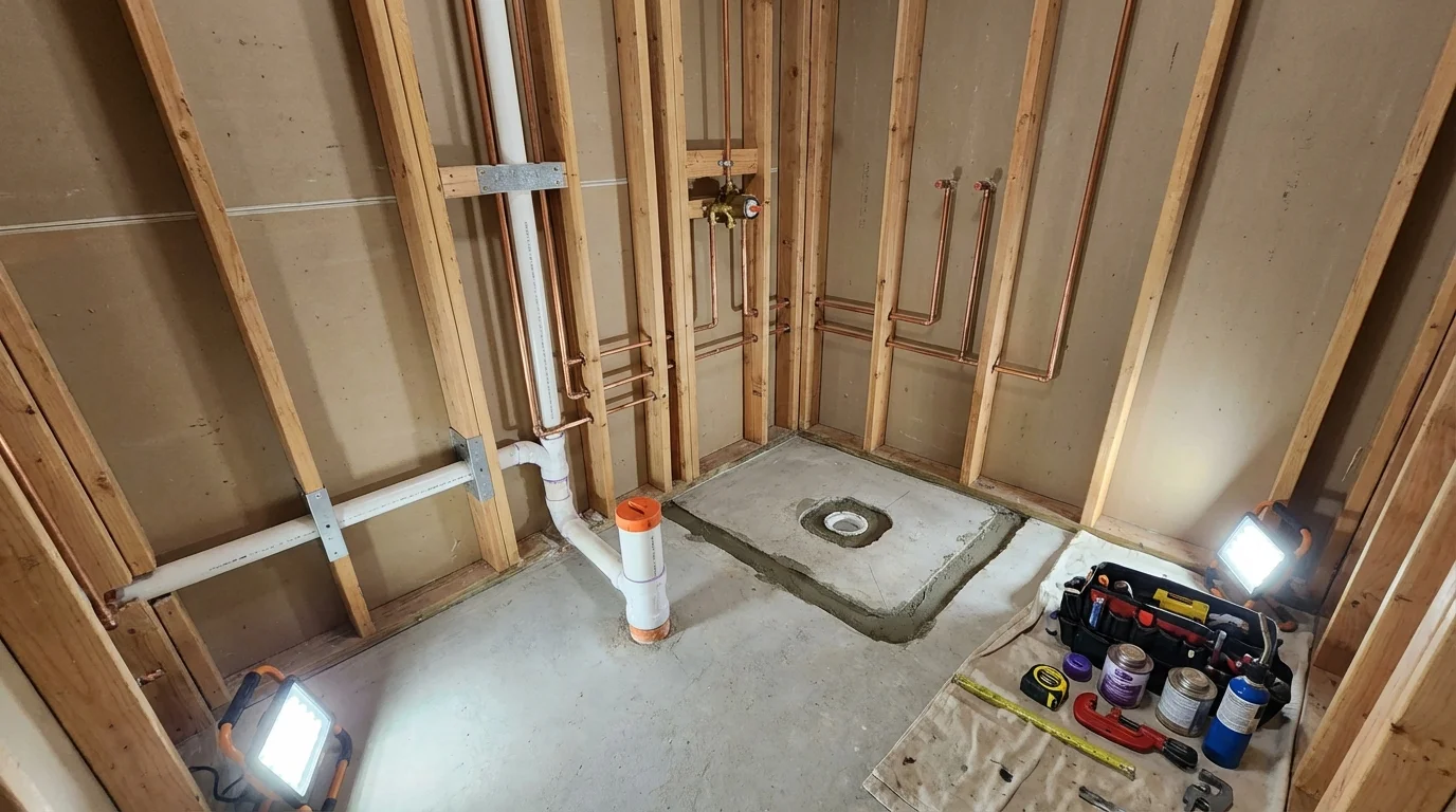 Bathroom rough-in plumbing during remodel by Johns Plumbing LLC in Washburn