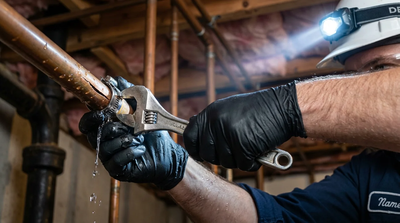 Emergency pipe clamp repair being performed by a Johns Plumbing LLC plumber in Washburn
