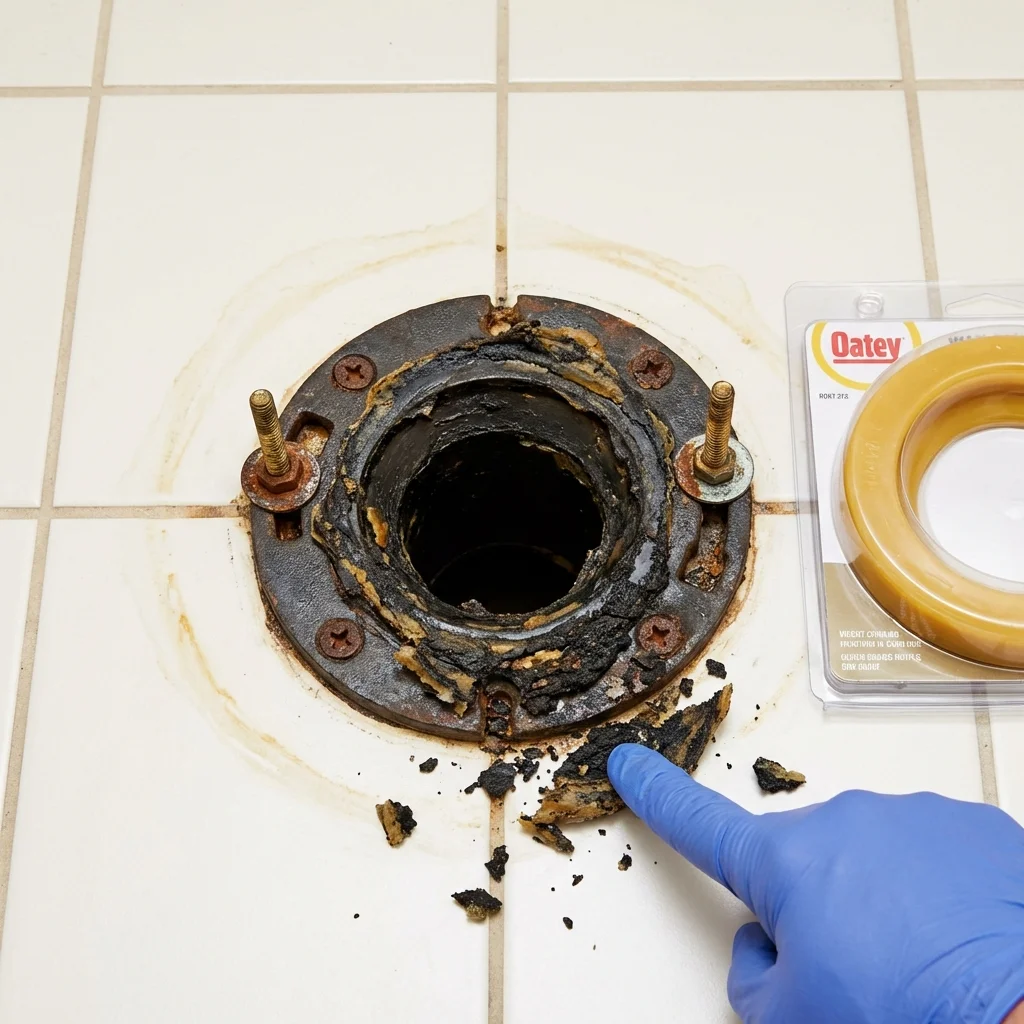 Failed wax ring showing water seepage at the base of a toilet in a Washburn, WI home