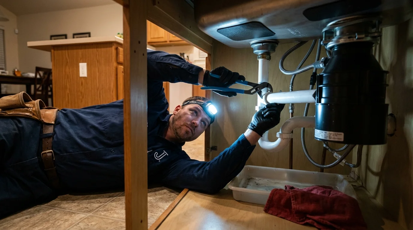P-trap and supply line connections under a kitchen sink showing a common leak point in Washburn, WI